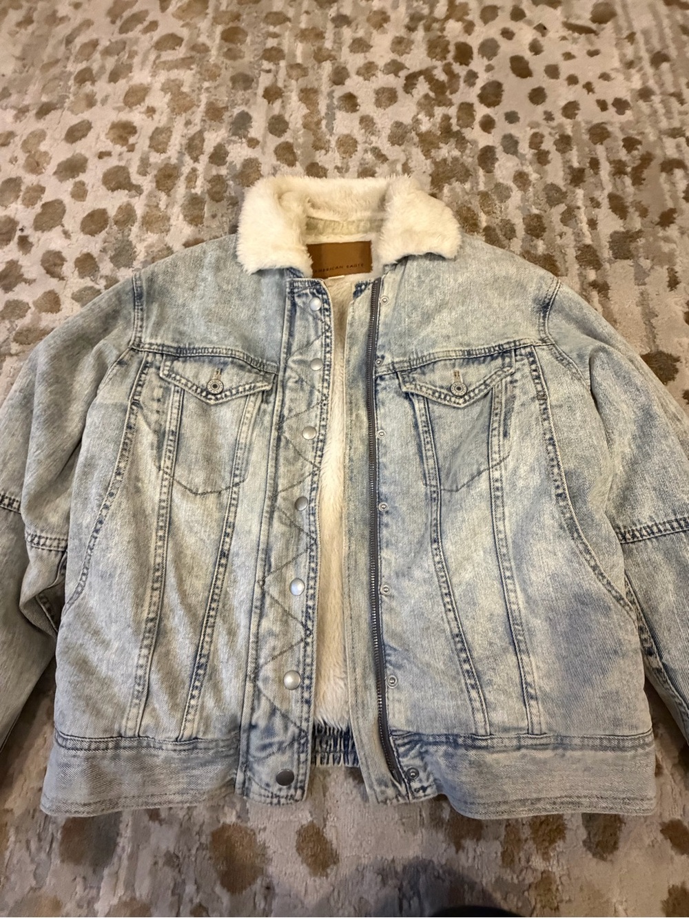 American Eagle Light Blue Denim Jacket with Cream Sherpa Collar